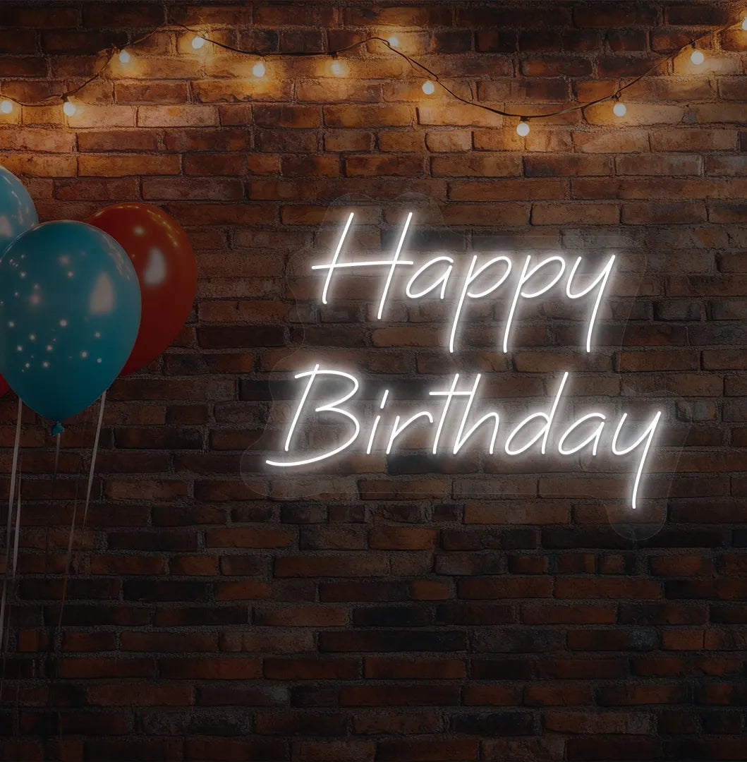 Stylish Happy Birthday neon sign mounted on modern aesthetic wall in white color.