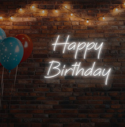 Stylish Happy Birthday neon sign mounted on modern aesthetic wall in white color.
