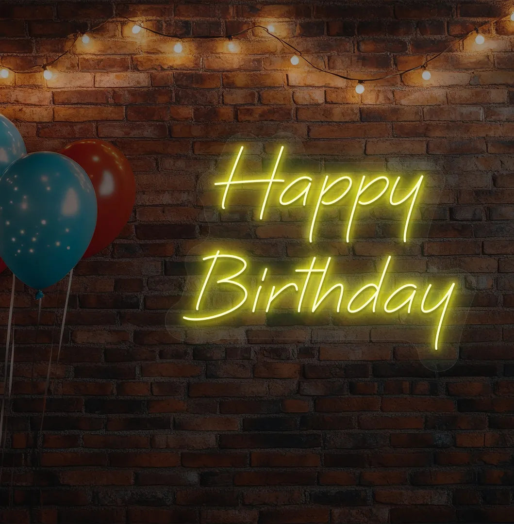 Image of a "Happy Birthday" LED neon sign glowing yellow for birthday celebration backdrop.