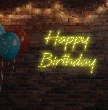 Image of a "Happy Birthday" LED neon sign glowing yellow for birthday celebration backdrop.