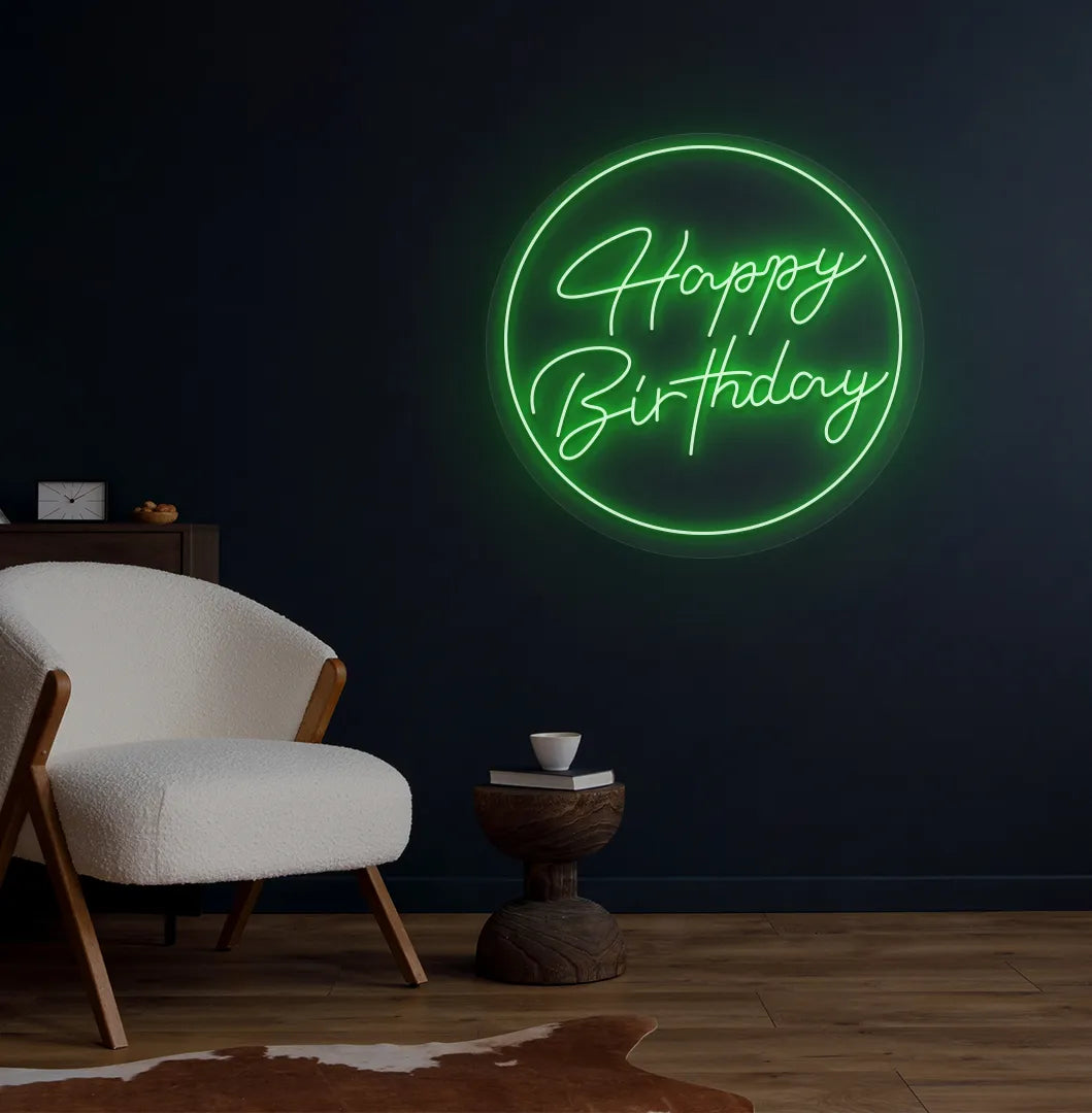 Image of a bright green happy Birthday circle neon sign for birthday party.