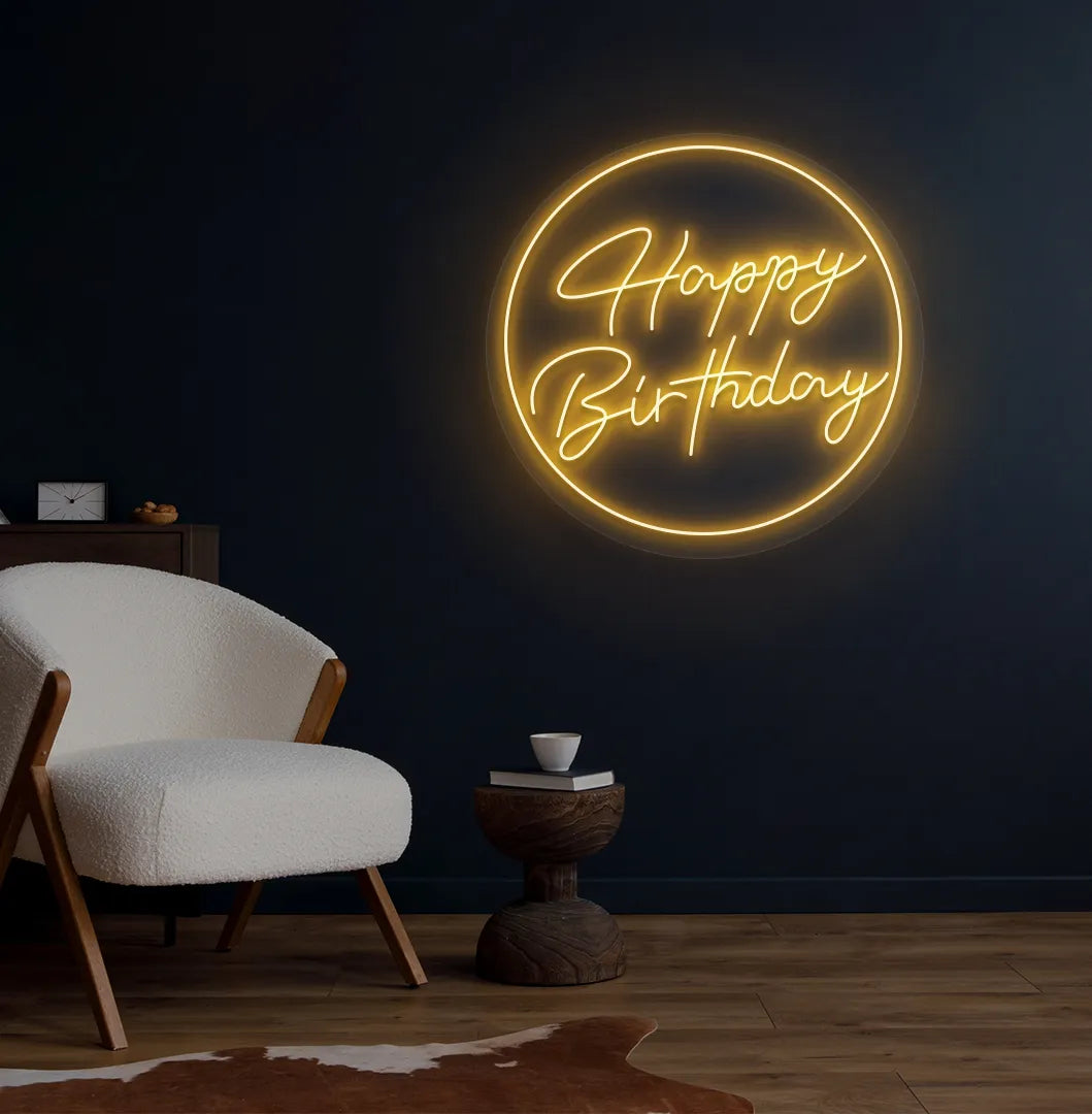 Image of a bright orange happy Birthday circle neon sign for birthday party.