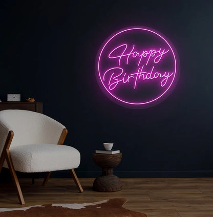 Image of a bright purple happy Birthday circle neon sign for birthday party.
