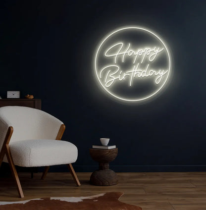 Image of a bright warm white happy Birthday circle neon sign for birthday party.