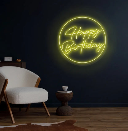 Image of a bright yellow happy Birthday circle neon sign for birthday party.