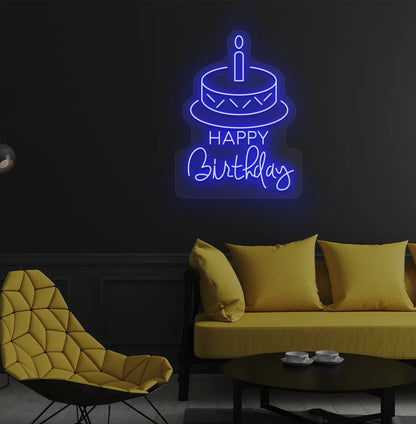 Image of a stylish Happy Birthday with cake neon sign mounted on modern wall in blue color.