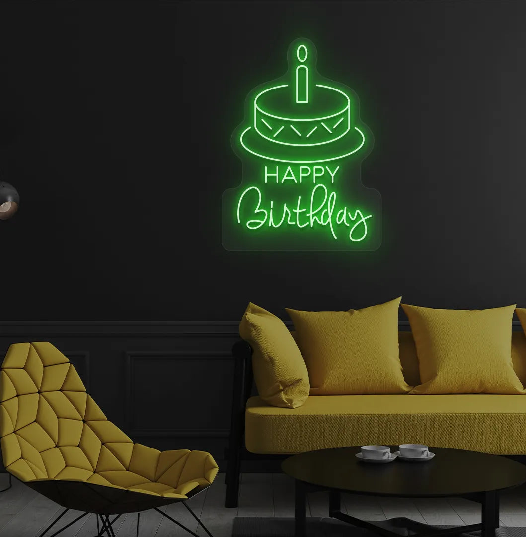 Trendy Happy Birthday cake neon sign mounted on decorative party wall in green color.