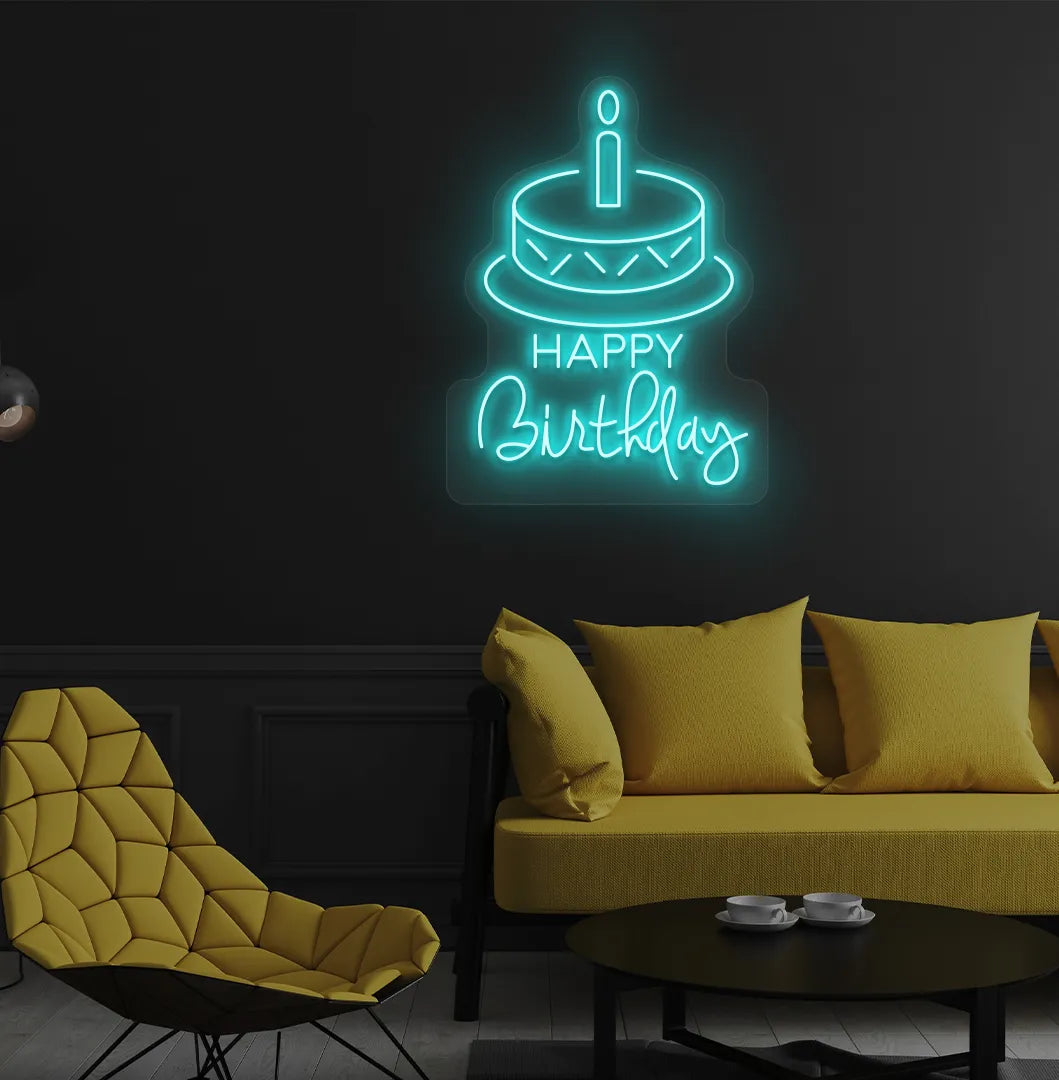 Image of a stylish Happy Birthday with cake neon sign mounted on modern wall in ice blue color.
