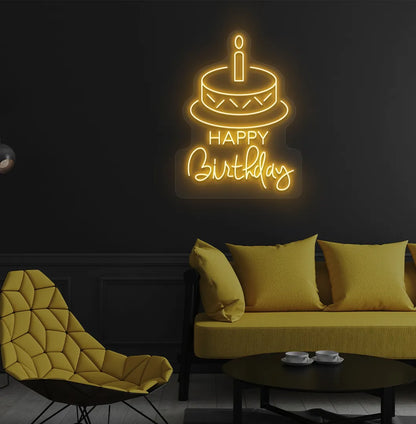 Trendy Happy Birthday cake neon sign mounted on decorative party wall in orange color.