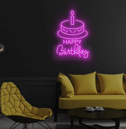 Image of a stylish Happy Birthday with cake neon sign mounted on modern wall in pink color.