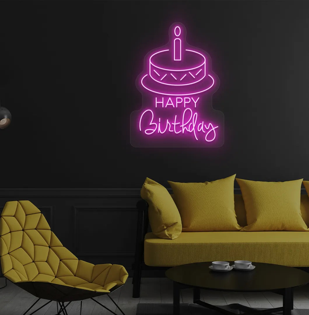 Trendy Happy Birthday cake neon sign mounted on decorative party wall in pink color.