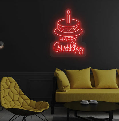 Image of a stylish Happy Birthday with cake neon sign mounted on modern wall in red color.