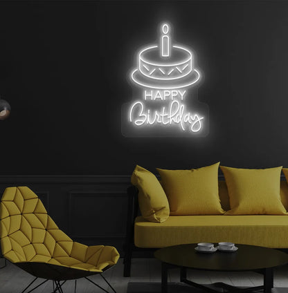 Image of a stylish Happy Birthday with cake neon sign mounted on modern wall in white color.