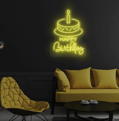 Trendy Happy Birthday cake neon sign mounted on decorative party wall in yellow color.