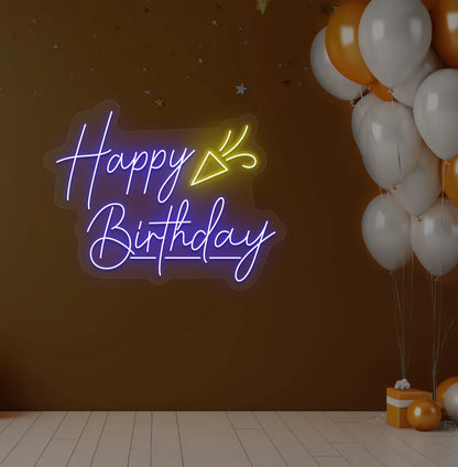 Image of a bright blue "Happy Birthday party popper" neon sign for birthday party decoration.