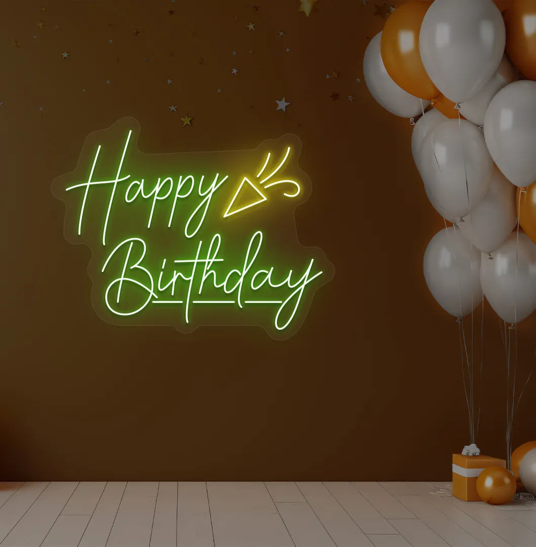 Happy Birthday party popper LED neon sign glowing green for celebration backdrop.