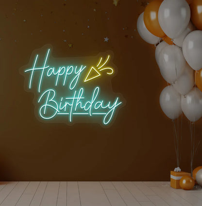 Image of a bright ice blue "Happy Birthday party popper" neon sign for birthday party decoration.