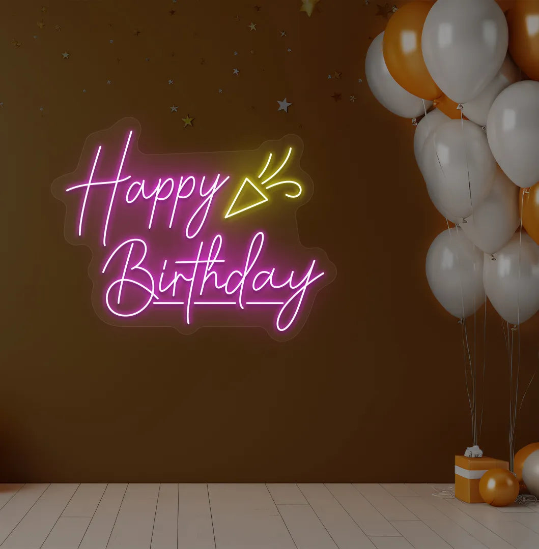 Image of a bright pink "Happy Birthday party popper" neon sign for birthday party decoration.