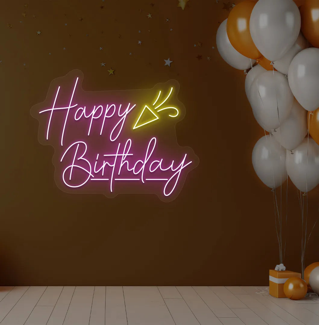 Happy Birthday party popper LED neon sign glowing purple for celebration backdrop.