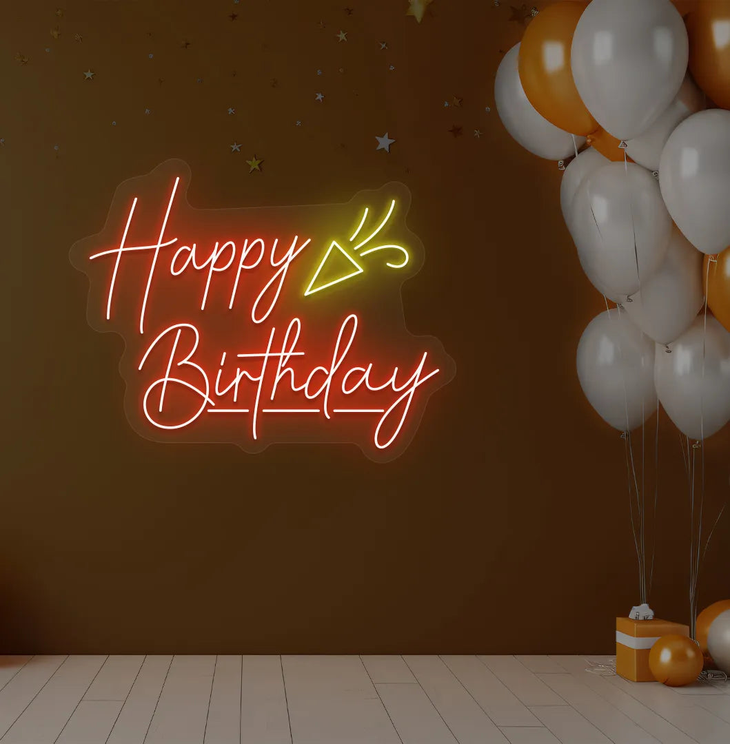 Image of a bright red "Happy Birthday party popper" neon sign for birthday party decoration.