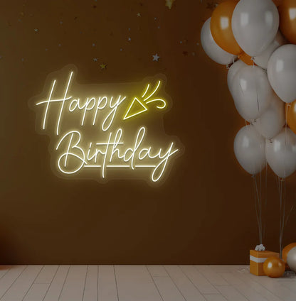 Happy Birthday party popper LED neon sign glowing warm white for celebration backdrop.