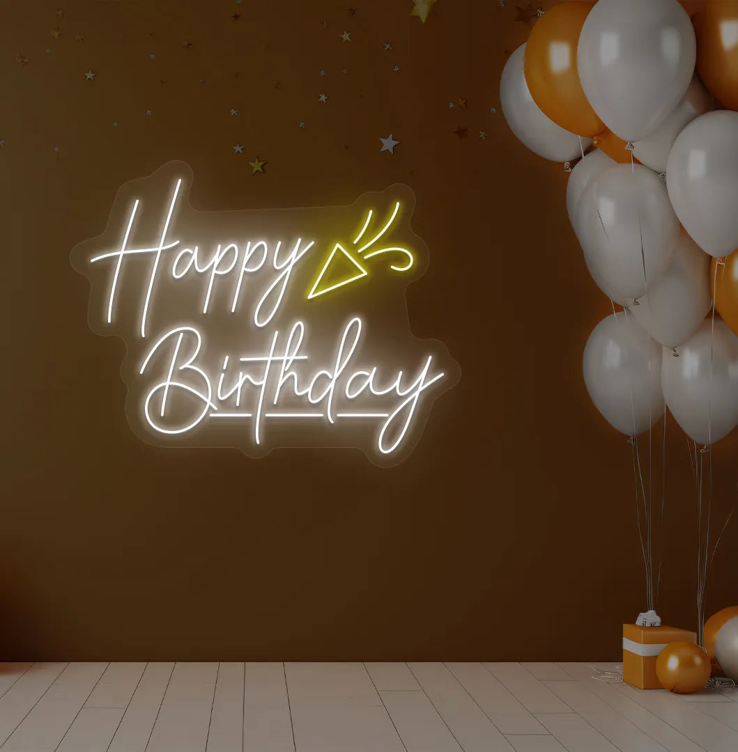Image of a bright white "Happy Birthday party popper" neon sign for birthday party decoration.