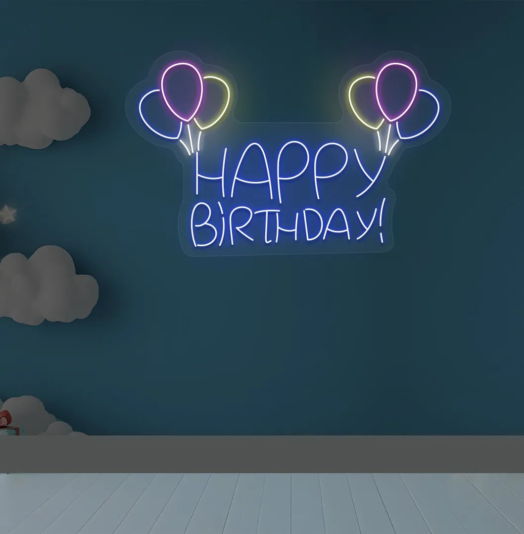 Happy Birthday balloon LED neon sign glowing blue for celebration backdrop.