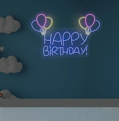 Happy Birthday balloon LED neon sign glowing blue for celebration backdrop.
