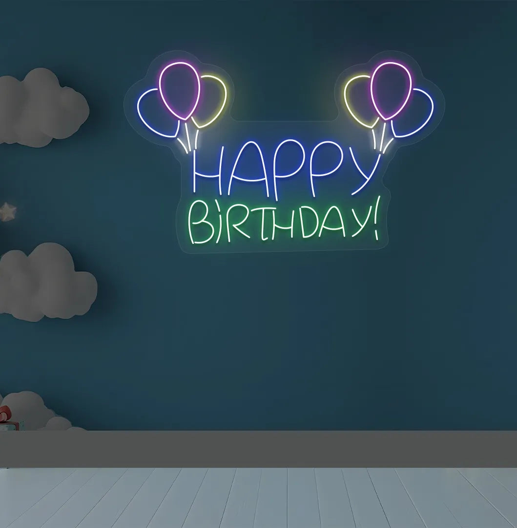 Trendy Happy Birthday balloon neon sign mounted on decorative party wall in green color.