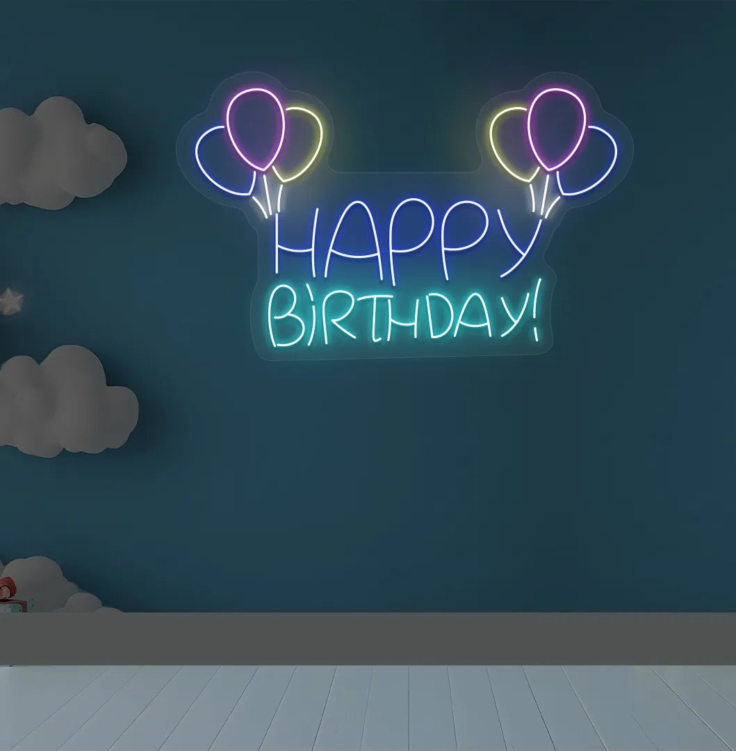 Happy Birthday balloon LED neon sign glowing ice blue for celebration backdrop.