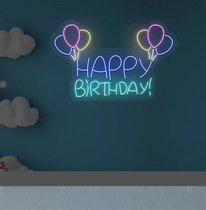 Happy Birthday balloon LED neon sign glowing ice blue for celebration backdrop.