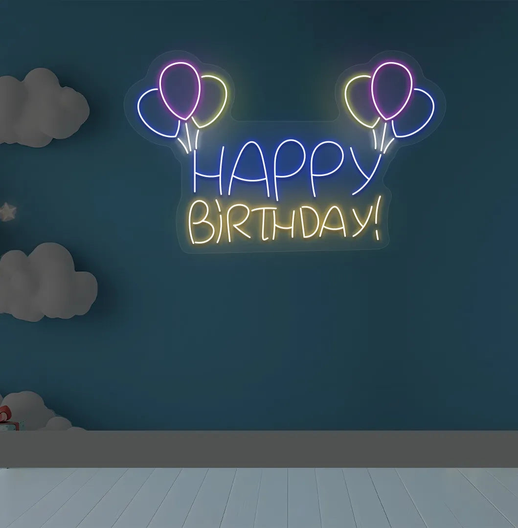 Trendy Happy Birthday balloon neon sign mounted on decorative party wall in orange color.