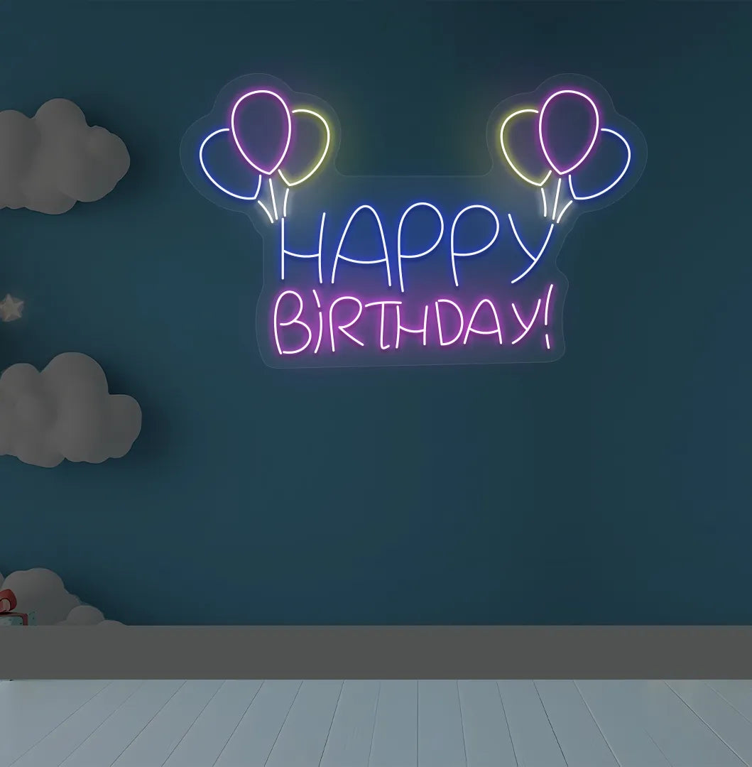 Happy Birthday balloon LED neon sign glowing pink for celebration backdrop.