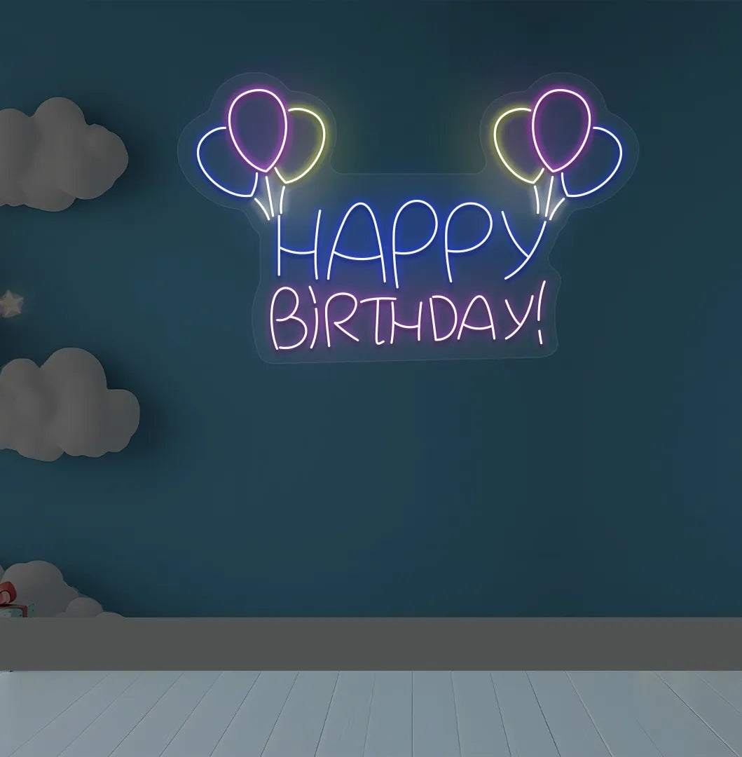Trendy Happy Birthday balloon neon sign mounted on decorative party wall in purple color.