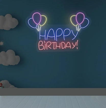 Happy Birthday balloon LED neon sign glowing red for celebration backdrop.