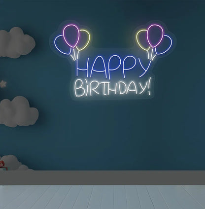 Happy Birthday balloon LED neon sign glowing white for celebration backdrop.