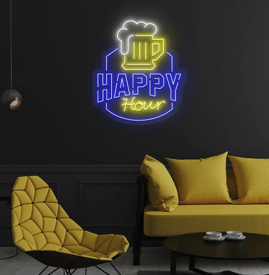 Modern wall decor with happy hour neon sign glowing blue.