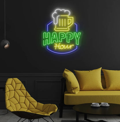 Image of a happy hour neon sign glowing green on aesthetic wall.