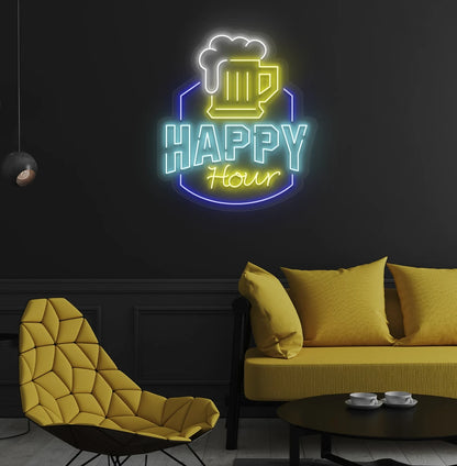 Modern wall decor with happy hour neon sign glowing ice blue.