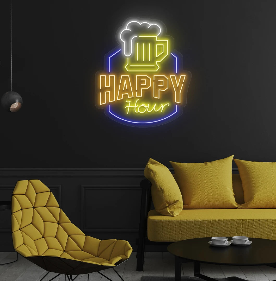 Image of a happy hour neon sign glowing orange on aesthetic wall.