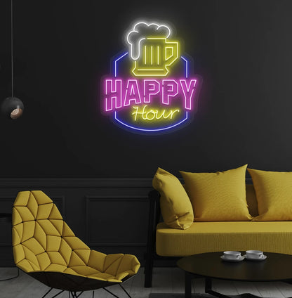 Modern wall decor with happy hour neon sign glowing pink.