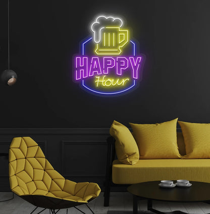 Image of a happy hour neon sign glowing purple on aesthetic wall.