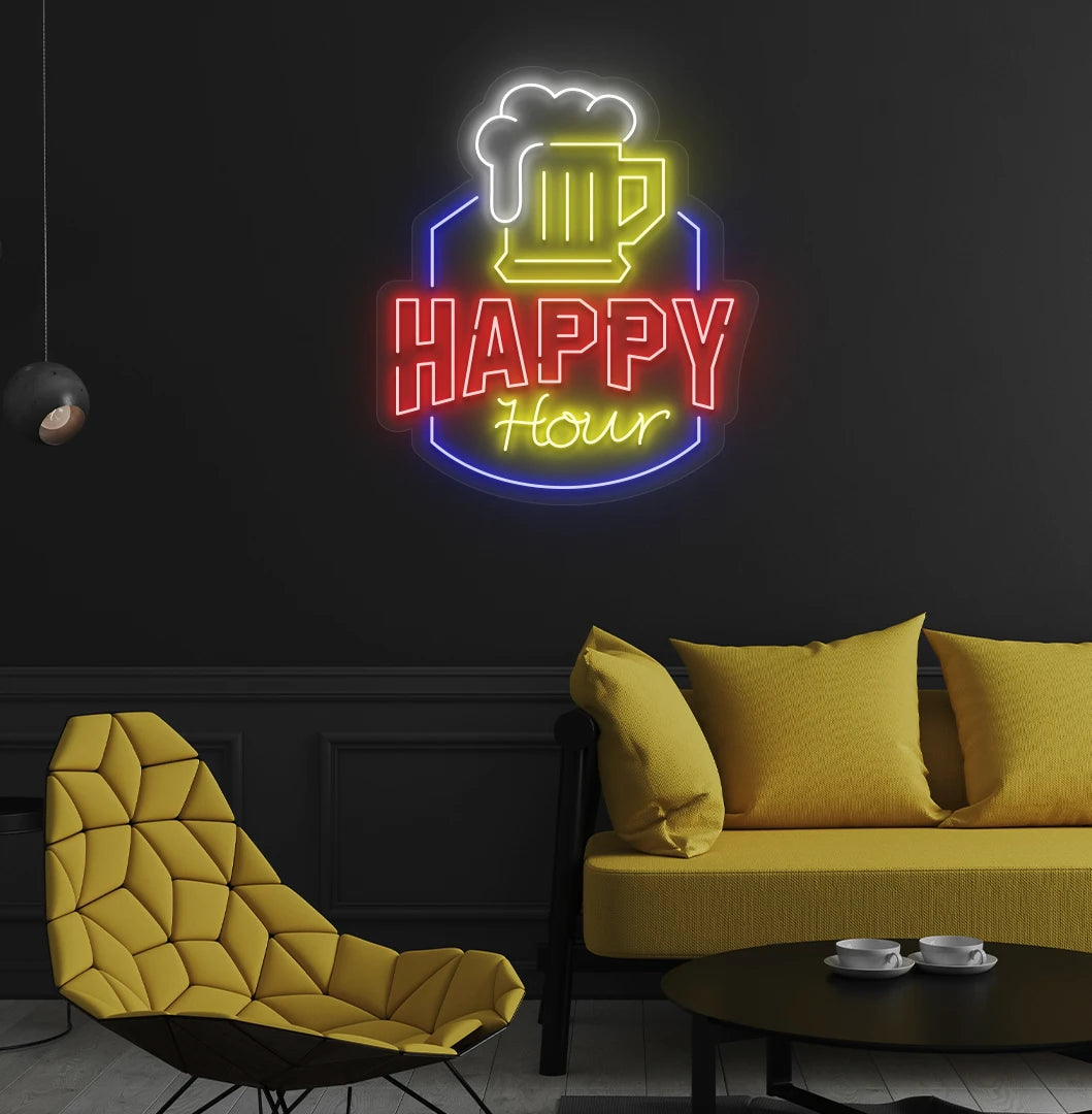 Modern wall decor with happy hour neon sign glowing red.