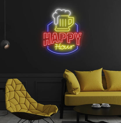 Modern wall decor with happy hour neon sign glowing red.