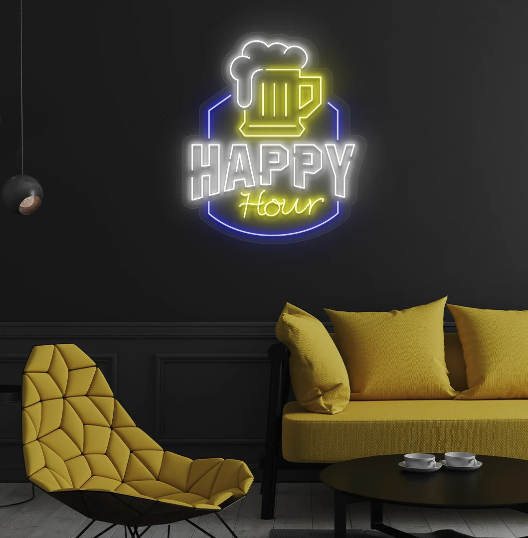 Modern wall decor with happy hour neon sign glowing warm white.