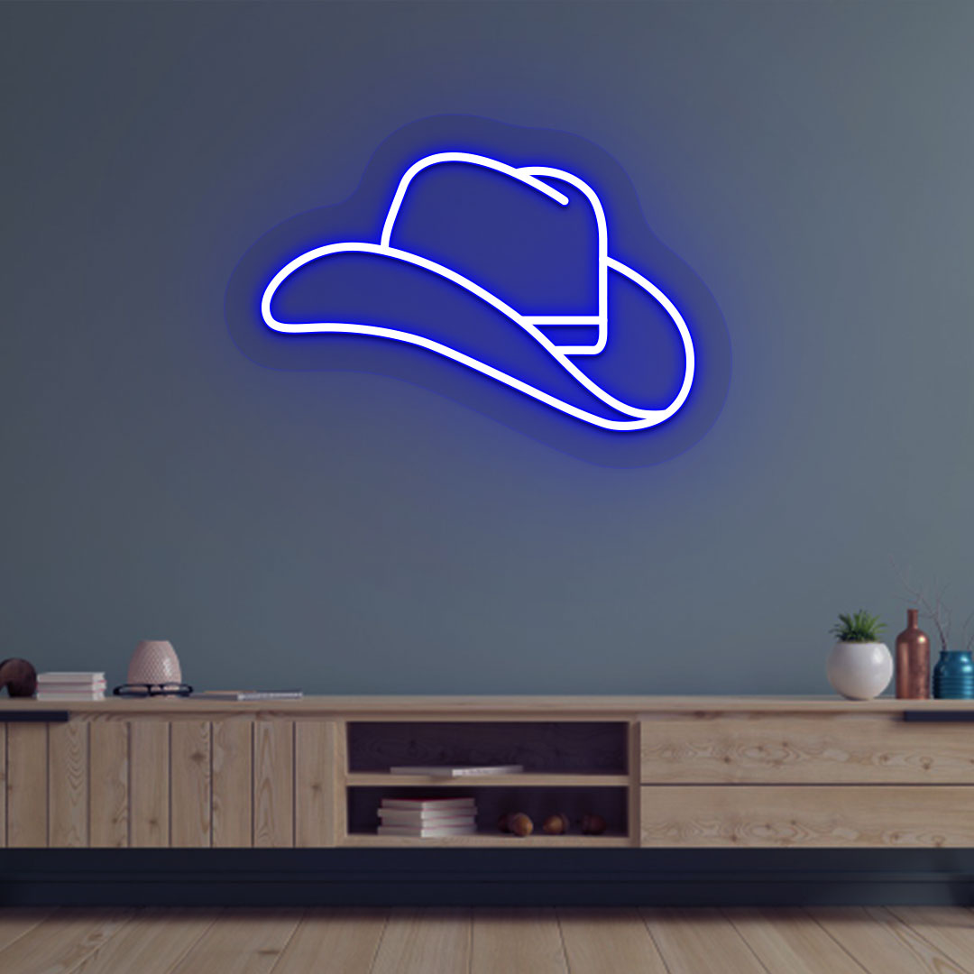 Modern living room wall with a hat neon sign in blue color. 
