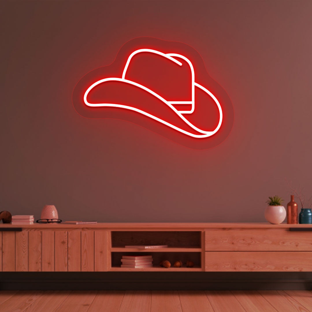 Image of a hat neon sign mounted on living room wall in red color.