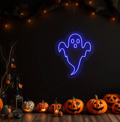 Image of a haunted ghost neon sign above pumpkins on Halloween wall in blue color.