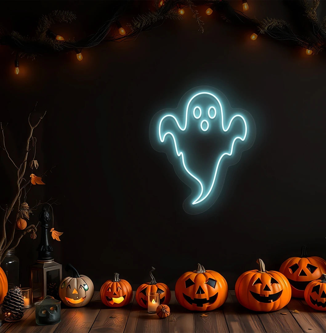 Image of a haunted ghost neon sign above pumpkins on Halloween wall in ice blue color.