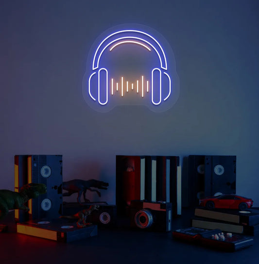 Image of a headphone neon sign in blue color mounted on room wall.